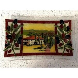 Peggy Karr TUSCANY Dish Villa & Olives 10” Rectangular Tray Fused Glass Signed